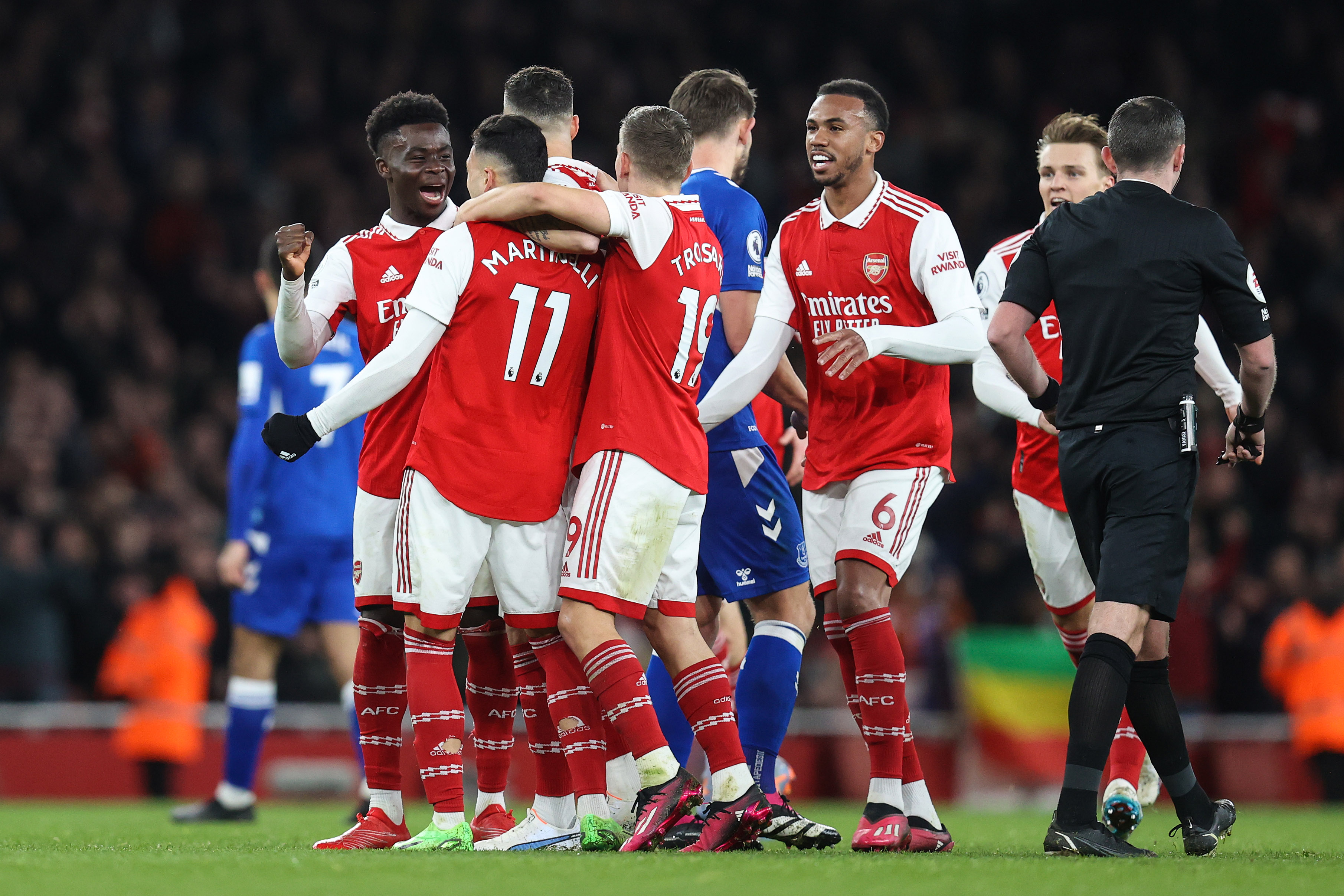 Arsenal boss Mikel Arteta reacts after Gunners thrash Everton to go five points clear