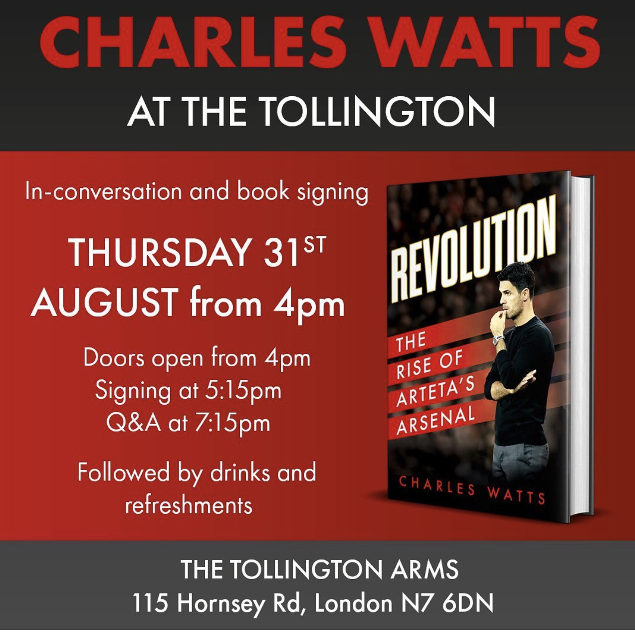 Save the date: Charles Watts Revolution book signing and Q&A at the Tollington - find out more 